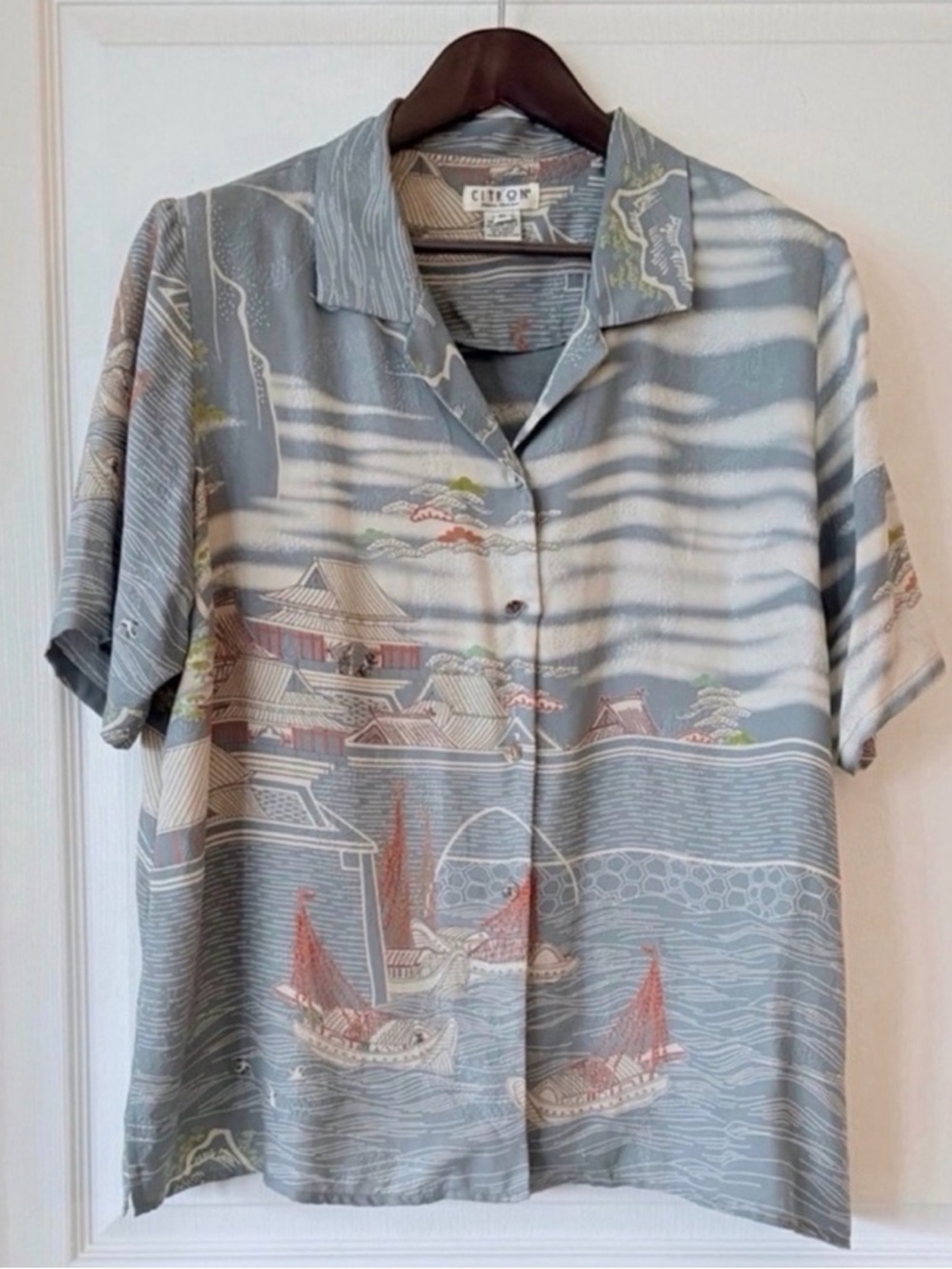 Citron Men’s Short-Sleeve Silk Grey Scenic Print Shirt